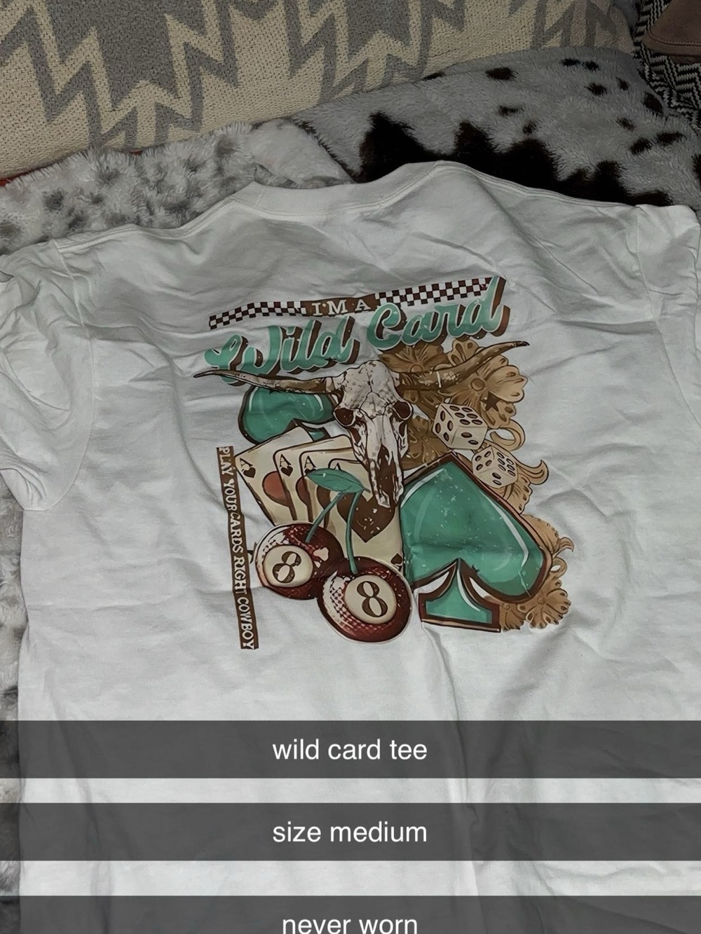 SHEIN White Tee with Teal & Brown Graphic Wild Card Design